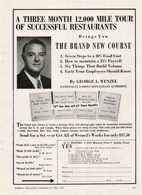 VTG 1951 Print Ad Successful Restaurants Brand New Course by George L Wenzel