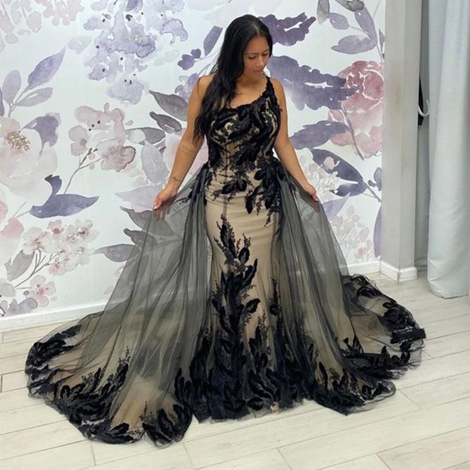 Black Champagne Gothic Wedding Dresses With Detachable Train Mermaid Gowns - Image 2 of 4