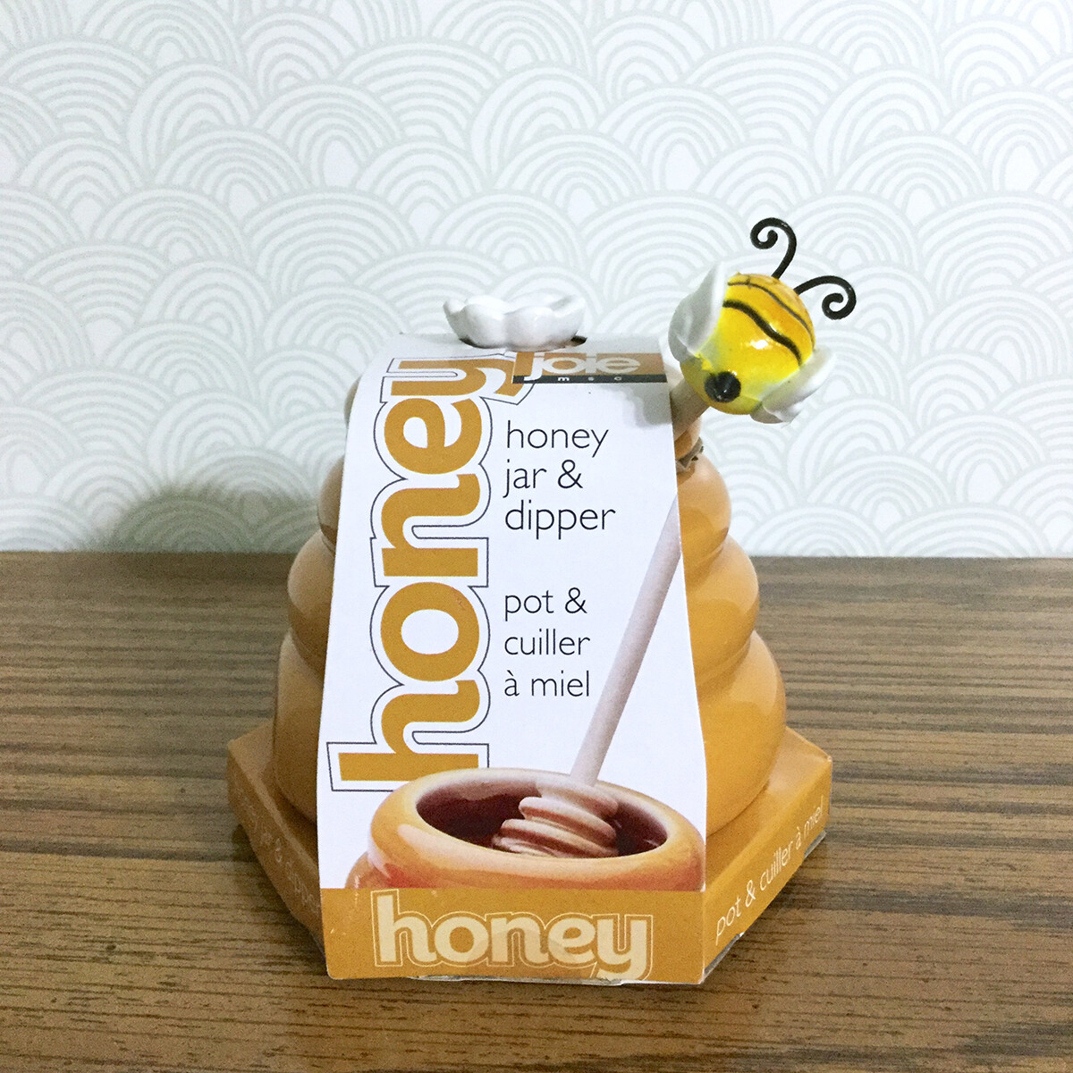 HONEY☆ Mini Honey Pot Ceramic Jar & Wood Dipper Joie MSC Beehive with Bee