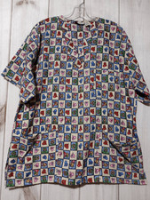 Point One Scrub Top Womens Large Medical Teddy Bear Heart Print V-Neck Blue Pink