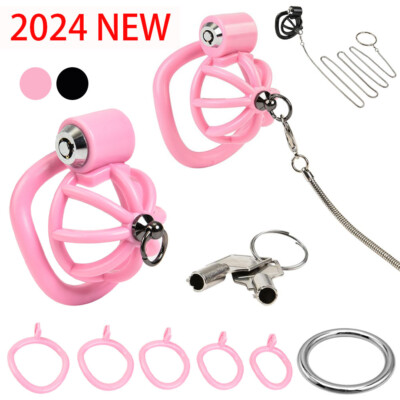 Plastic Male Chastity Cage Device Button Click Lock Belt w/ 5 Rings For Men C596