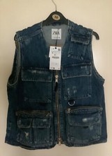 Zara Zw Denim Gilet Waistcoat With Multiple Pockets Size Small