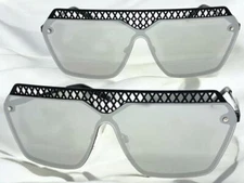 Contemporary Modern Retro Shield Stylish SUNGLASSES Black Frame Flat Chrome Lens