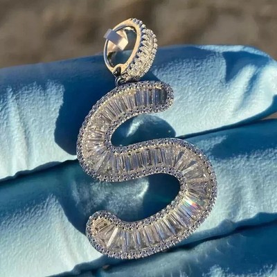 4Ct Baguette Lab-Created Diamond S Letter Initial Pendant 14K White Gold Plated
