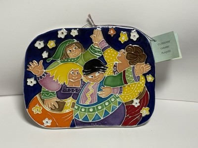 Vintage Cloisonné Ceramic Wall Plaque Colorful Folk Art Dancing Figures