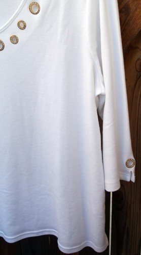 NWOT ๐ฅ๐ QUACKER FACTORY ๐๐ฅ 3/4 Sleeve Embellished White Top Stretch L - Picture 3 of 3