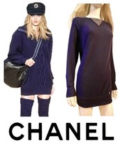 New Chanel 2016 2017 Blue Knit Long Sweater Dress 34 36 2 4 6 jacket Vtg Top M S