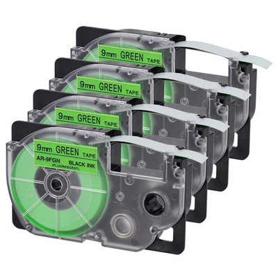 4PCS 9mm XR-9FGN Black on Fluorescent Green Label Tape Fit for Casio KL-750