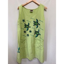 Drawstrings Women's Dress Lime Green Sea Turtle Cotton Coastal Sleeveless Large