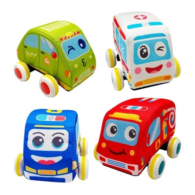 HUANGER Educational 4 Piece Plush Cartoon Character Soft Pull Back Car Set (HE204)