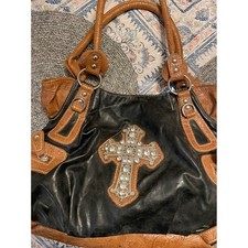 Western Cross Rhinestone Hobo Bag Black Tan Floral Embossed Tooled Shoulder Bag