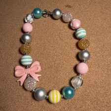 Fashion Women Pretty Pink Bow Chunky Beads Bubblegum Kids Gumball Necklace Gift