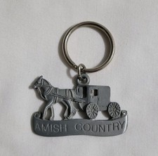 Vintage Keychain Amish Country Horse & Buggy Souvenir Key Ring Fob Pewter Metal
