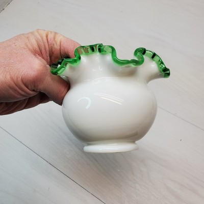 Small White Glass Vase with Green Ruffled Rim Tiny Bud Vase Table Decor