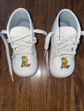 Vtg Toddler Walking Shoes White Leather Bear Stitched Rare 5  Miss Gina 1950  s