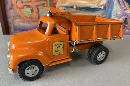 1950’s Tonka Toys Pressed Steel State Hi Way Dept Orange Dump Truck 975 Exc L@@K