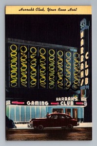 Vintage 1951 Harrah's Club Reno Nevada Postcard Night Scene Classic Car