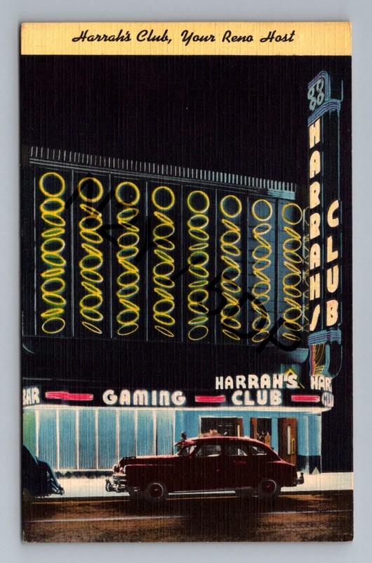 Vintage 1951 Harrah's Club Reno Nevada Postcard Night Scene Classic Car