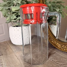 Vintage PASABAHCE Glass Octagon 9in Pitcher With Red Cap - Made In Turkey