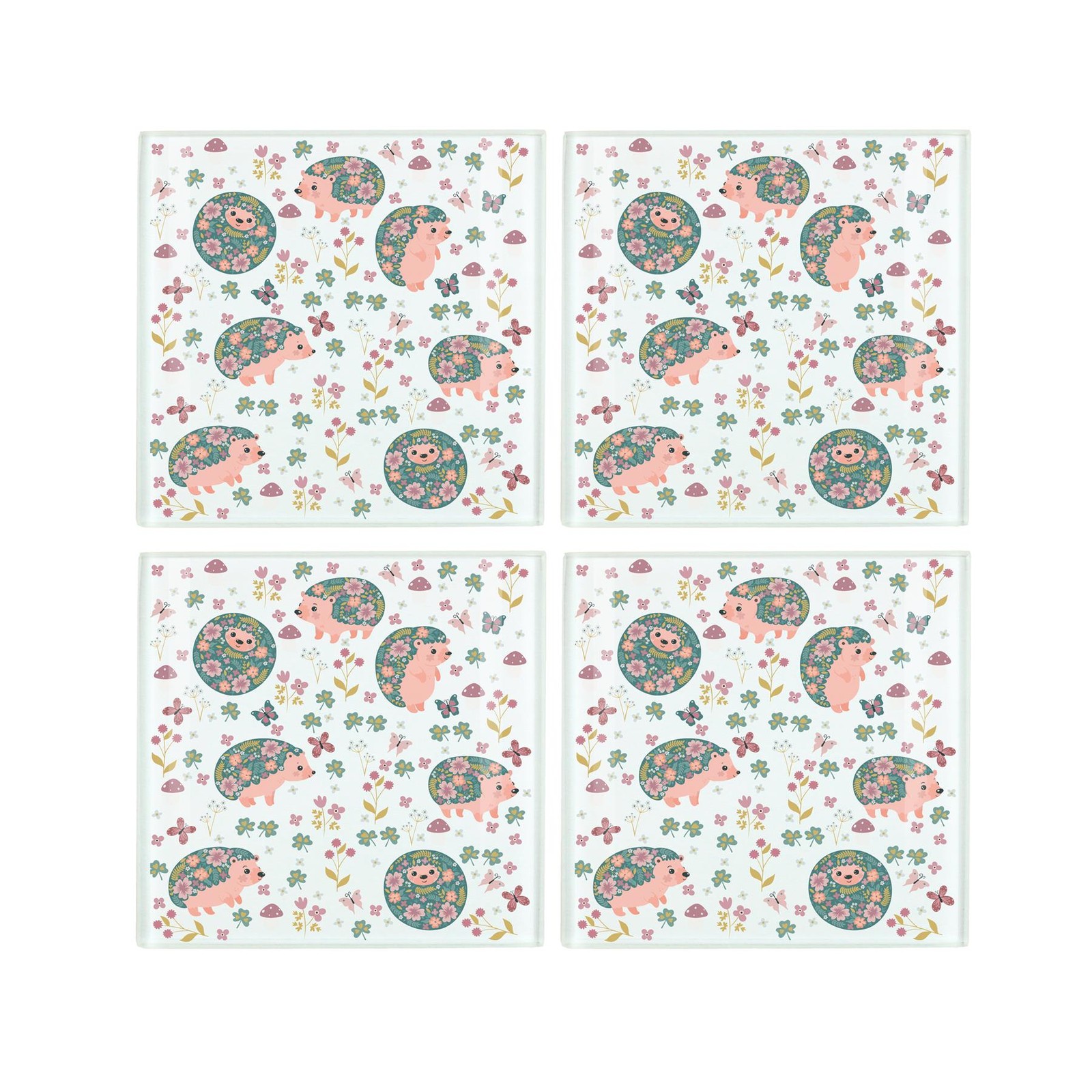 Hedgehogs Glass Coaster Set - Woodland Wildlife & Flowers Drinkware Gift