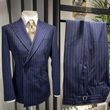 Men Blue Double Breasted Suit Striped Jacket Peak Lapel Business Wedding Elegant
