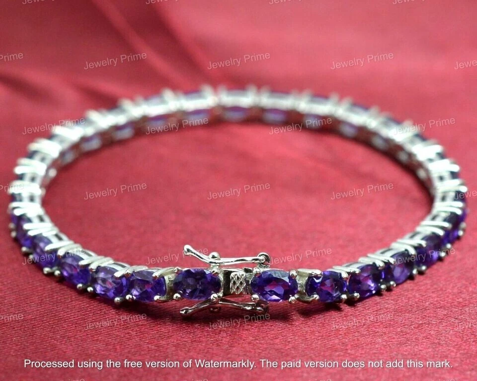 20Ct Oval Cut Amethyst Diamond Women's Tennis Bracelet 14k White Gold Finish 7" - Image 2 of 4