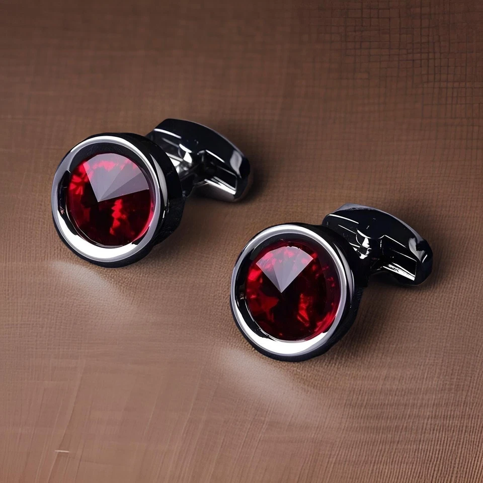 3Ct Round Cut Lab Created Garnet Solitaire Men's Cufflinks 14K Black Gold Plated - Image 2 of 4