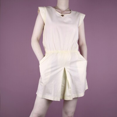Vintage 90er 80er Mini kurz Baumwolle pastellgelb Plissee Damen Kleid XS Small 8