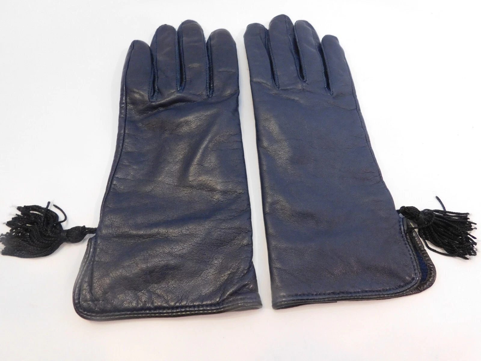 GRANDOE LADIES MID-NIGHT BLUE LEATHER WINTER GLOVES ACRYLIC KNIT LINING SIZE M