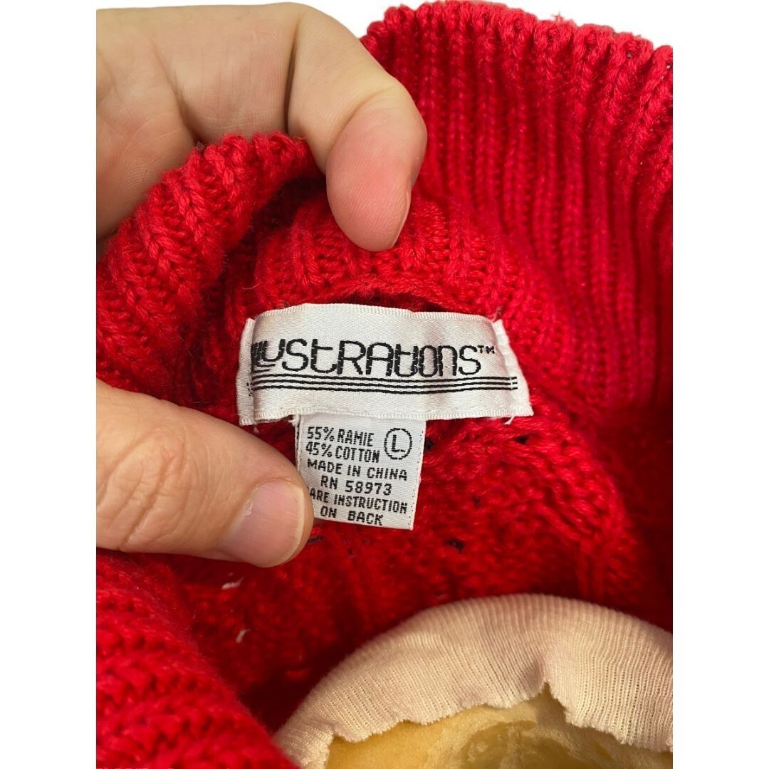 Large Illustrations Red Cable Knit Collared Vinta… - image 7