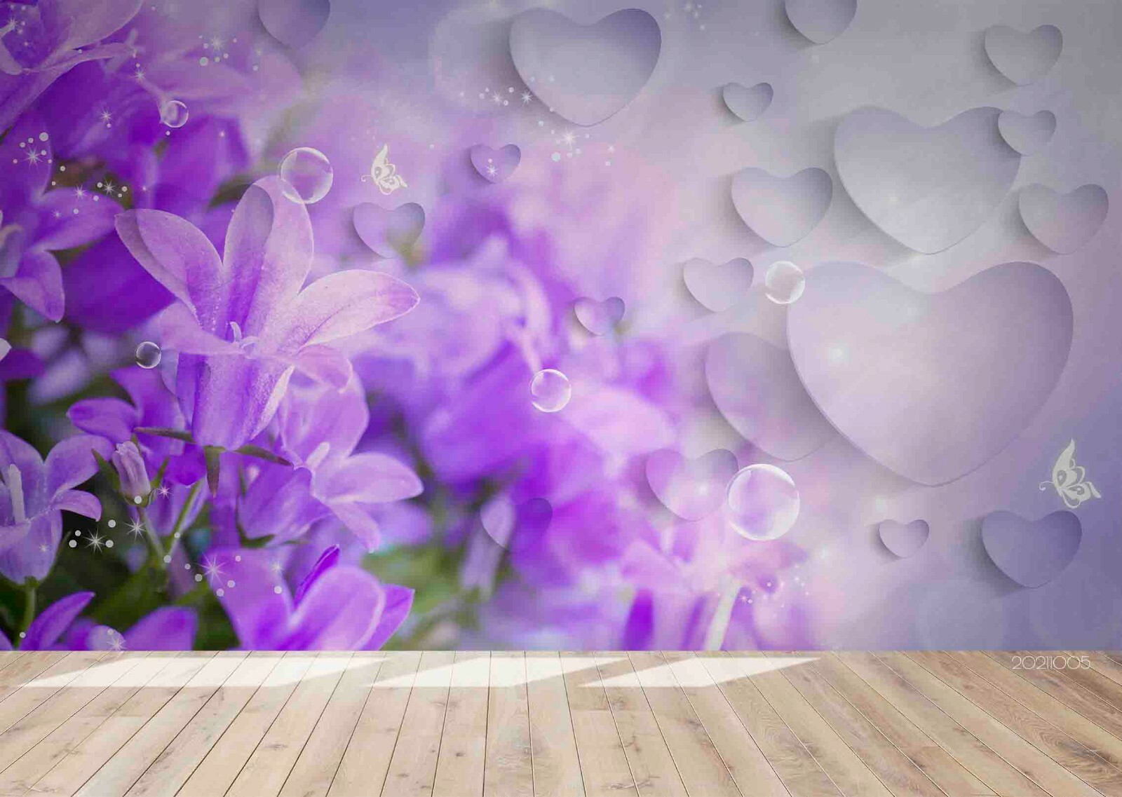 3D Romantic Purple Love Heart Floral Wallpaper Wall Murals Removable