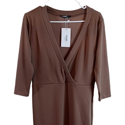 Yoins Knit Brown Sweater Dress Deep V- Neck 3/4 Sleeve Women’s SIZE L/12 NWT - Picture 3 of 7