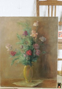 Carl-Dorrbecker-1894-1983-Oil-Painting-Antique-1935-Still-Life-Roses-Flower-Vase
