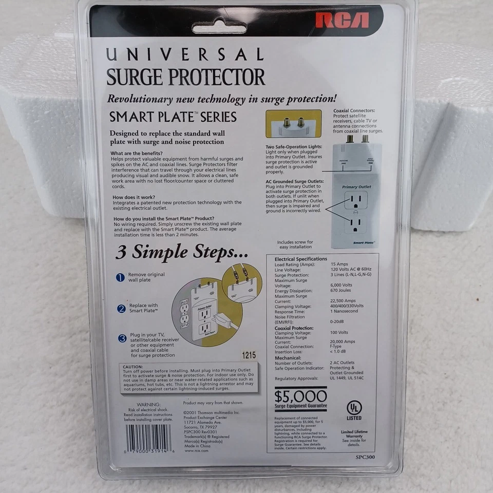 RCA Universal Surge Protector Smart Plate 670 Joules - 6 Ft Coax Cable SPC300 - Image 4 of 4