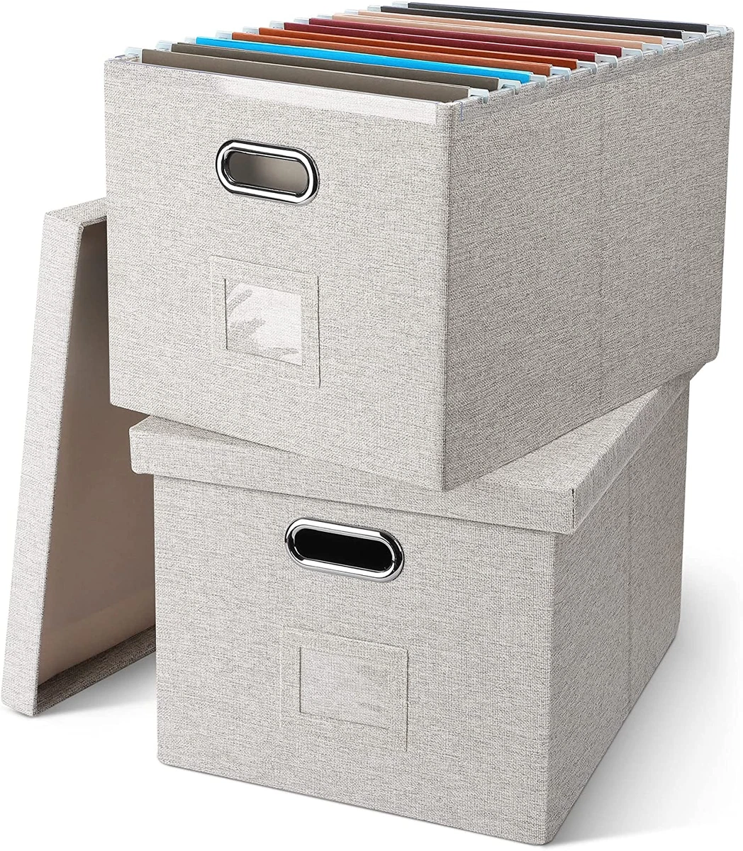 Beige Hanging File Box with Lid 2 Pack Decorative Letter Legal
