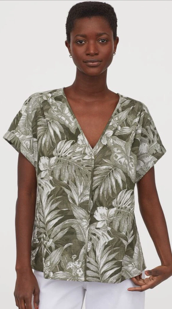 Blouse Khaki Green Leaf Print V Neck Top XS H M Cotton Turn Up