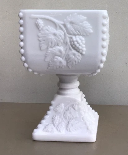 Vintage WESTMORELAND MILK GLASS PEDESTAL BOWL *** No Lid *** Beaded Grape