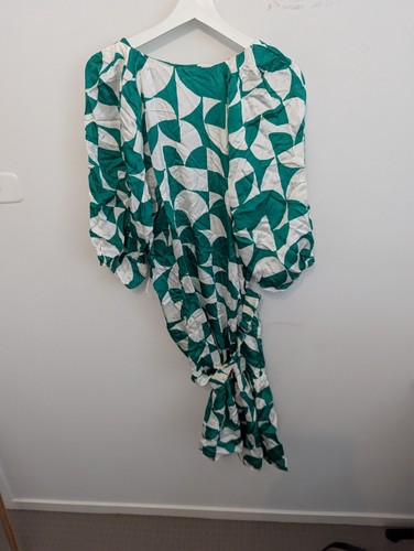 Commonry Dress Womens 12 Green White Geometric Viscose Elbow Puff Sleeve V-Neck - Picture 8 of 9