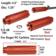 Ruger PC Carbine 9 mm Low Concussion Muzzle Brake 4.5" Extra Big 1/2x28 TPI Red