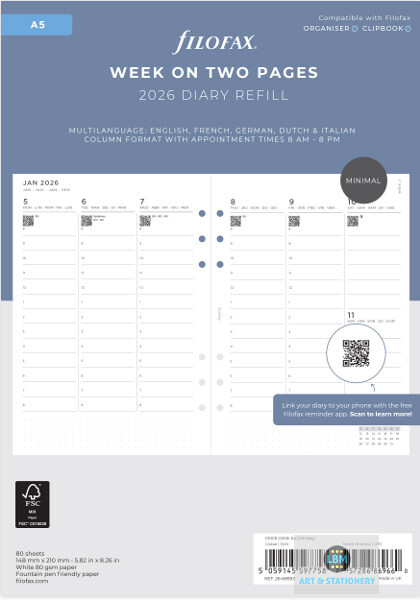 Filofax 2026 A5 Diary - Week On Two Pages - Minimal Appointment Refill - 68593