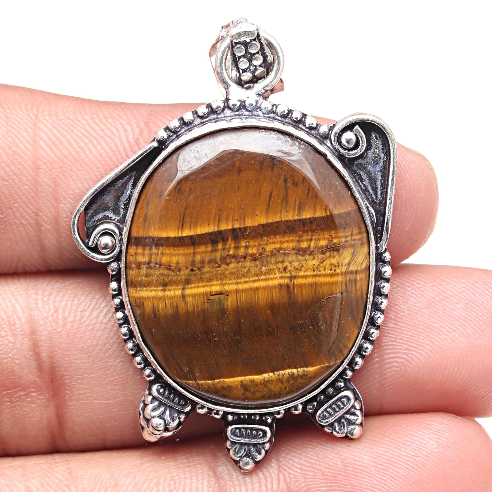 Tiger Eye Gemstone Silver Pendant Valentine Gift 2.25 Inch