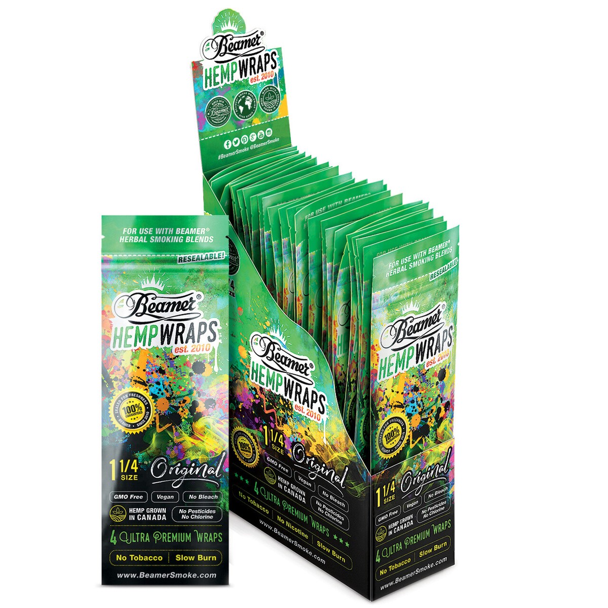 vegan tobacco Beamer 1 1/4 Size Vegan Hemp Wraps - Full Display of 25 Packs