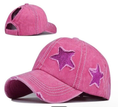 Hot Pink STAR Baseball Cap Distressed Denim Hat Ponytail back US Seller