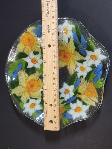 Peggy Karr acanalado 9" cuenco arte fundido vidrio narcisos florales con volantes DF09F en caja - Imagen 9 de 10