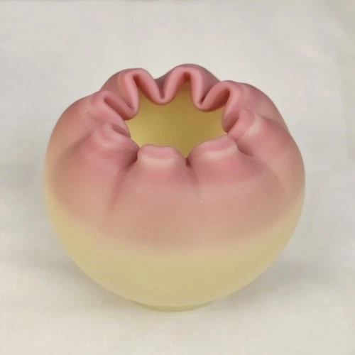 Fenton Burmese Satin Glass Rose Bowl Vase Uranium Yellow, Pink Ruffled Posey