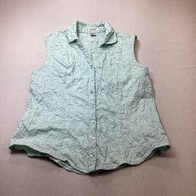 Jamie B Shirt Woman s Size XL 100% Linen Embroidered Button Up Sleeveless Green