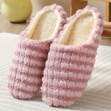 Women's Striped Plush Slippers Silent Soft Sole Non-Slip Couple House Shoes