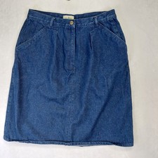 LL Bean Vintage Denim Skirt Womens 18 Blue Cotton Pleated High Waist Midi Pocket