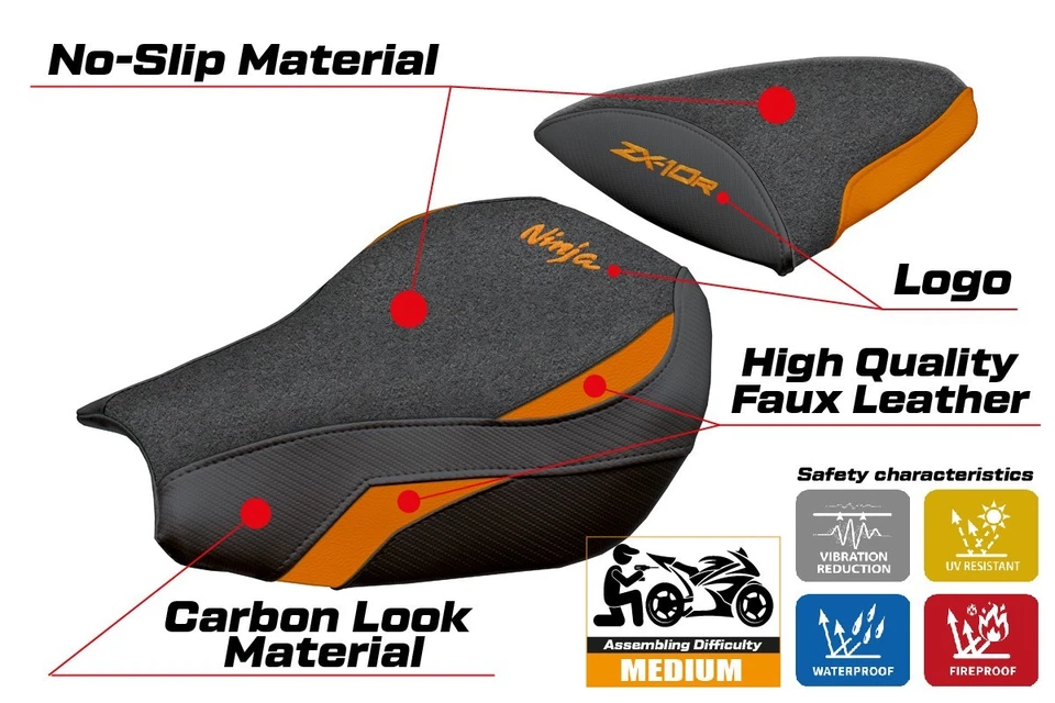 川崎 Ninja ZX 10 R 2006 - 2007 座椅套 Tappezzeria Ultragrip 橙色 黑色 — 第 2/4 张图片
