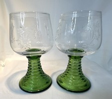 Vintage Green Glass German Style Roemer Romer Beehive Stem Etched Grapevine x 2